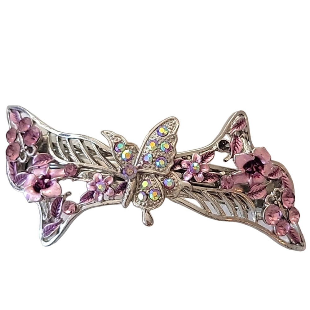Rhinestone and Metal Silvertone Hair Clip with Butterflies and Flowers Bride 4"